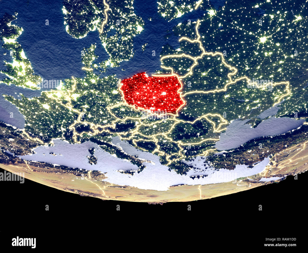 Satellite view of Poland from space at night. Beautifully detailed plastic planet surface with visible city lights. 3D illustration. Elements of this  Stock Photo