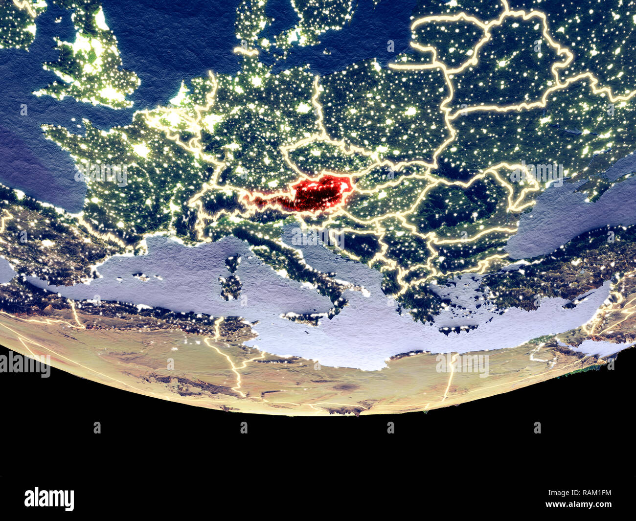 Satellite view of Austria from space at night. Beautifully detailed plastic planet surface with visible city lights. 3D illustration. Elements of this Stock Photo