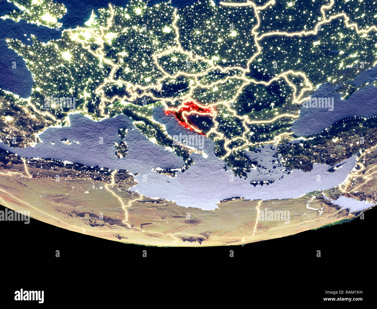 Satellite view of Croatia from space at night. Beautifully detailed plastic planet surface with visible city lights. 3D illustration. Elements of this Stock Photo