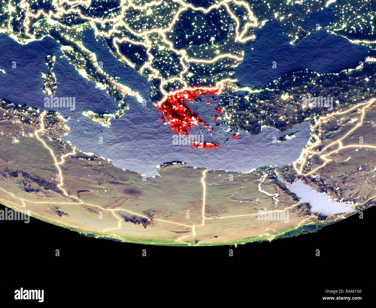 Satellite view of Greece from space at night. Beautifully detailed plastic planet surface with visible city lights. 3D illustration. Elements of this  Stock Photo