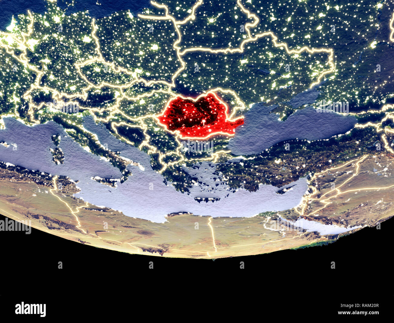 Satellite view of Romania from space at night. Beautifully detailed plastic planet surface with visible city lights. 3D illustration. Elements of this Stock Photo