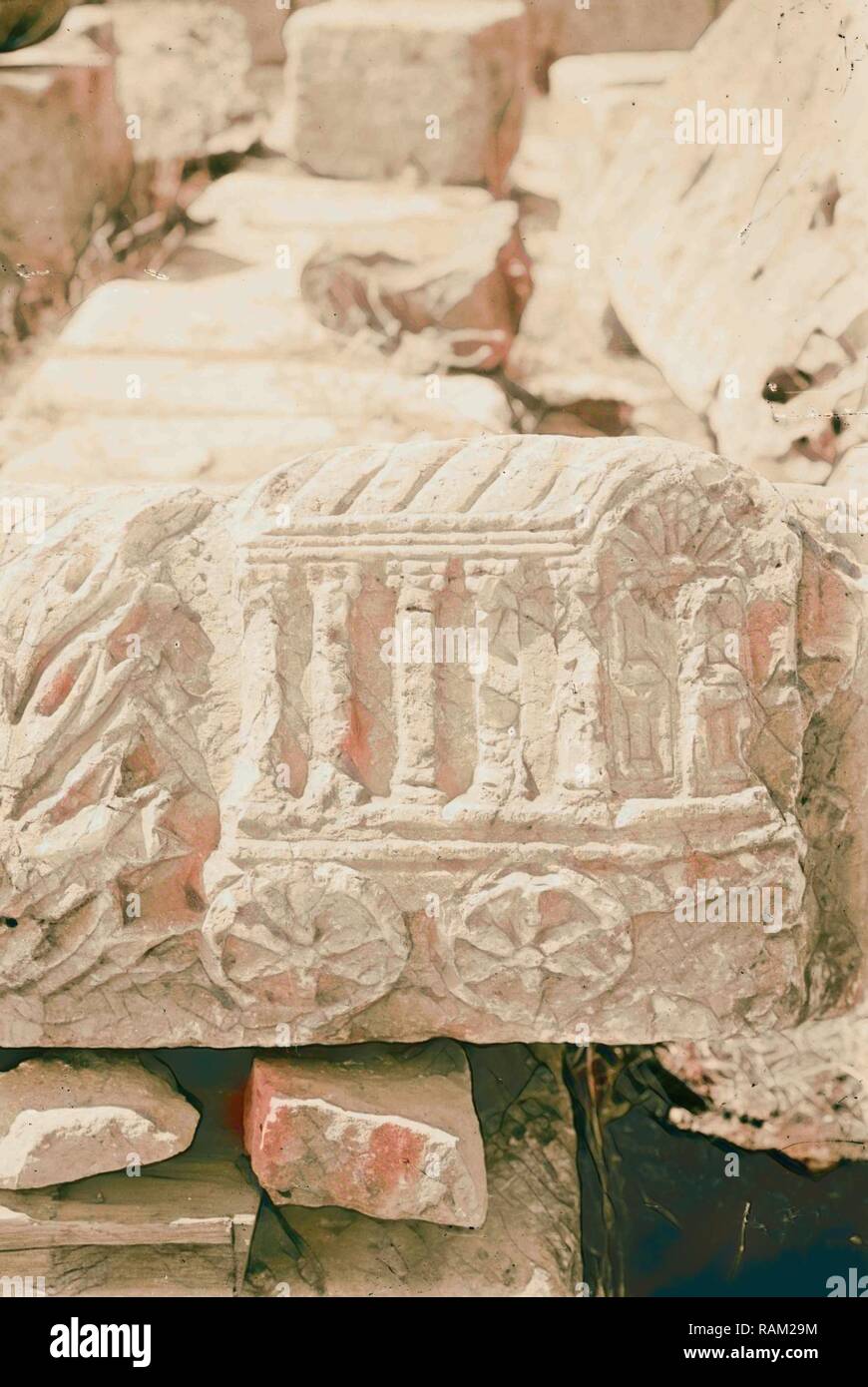 Northern views. Remarkable remains of the synagogue at Capernaum. Relief of structure on wheels, possibly the Ark of reimagined Stock Photo