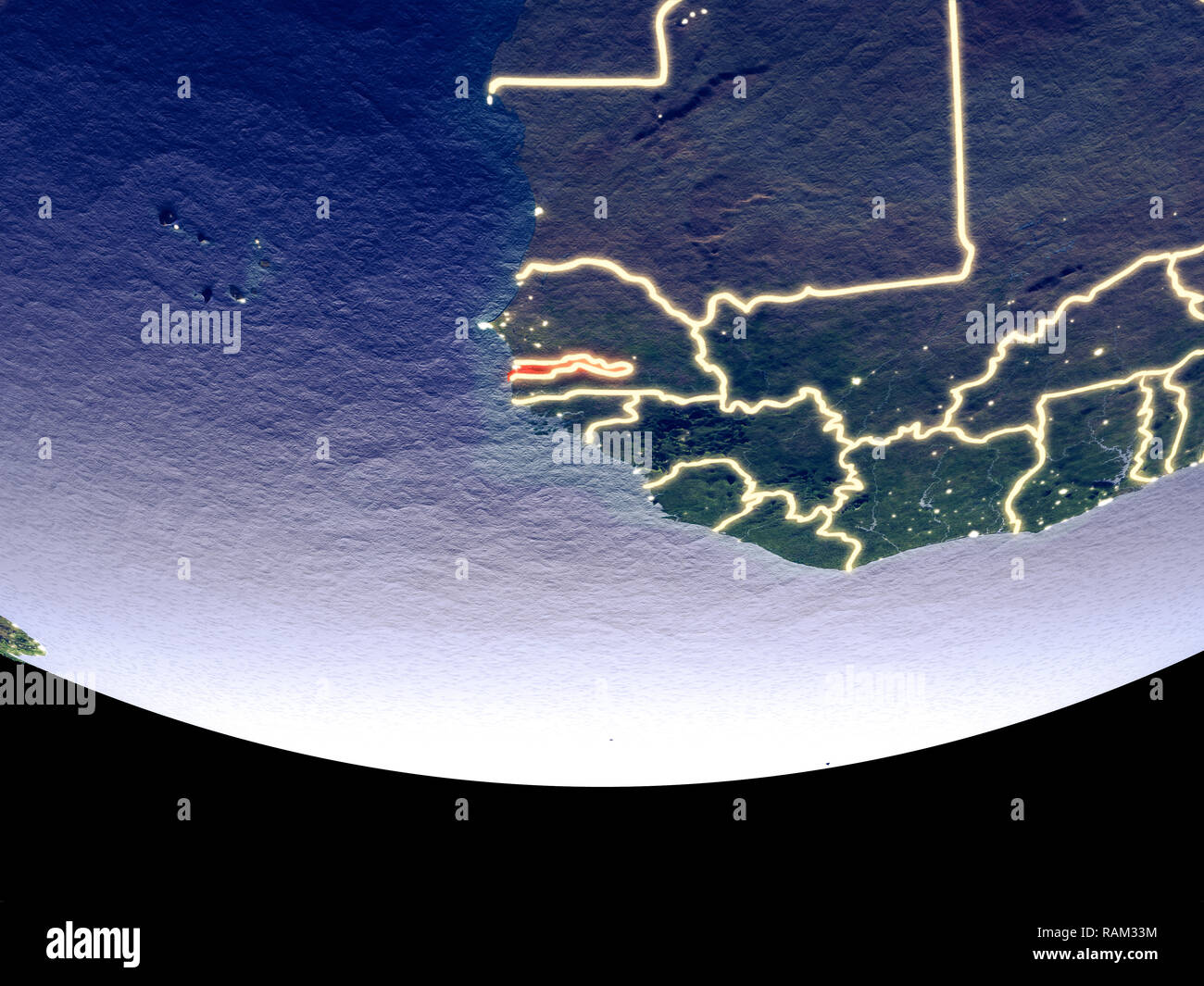 Satellite view of Gambia from space at night. Beautifully detailed plastic planet surface with visible city lights. 3D illustration. Elements of this  Stock Photo