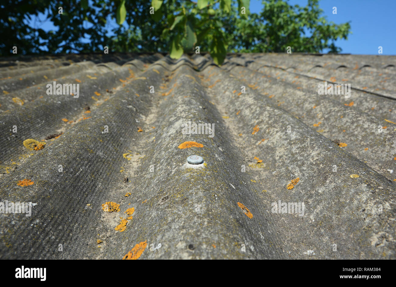 Asbestos house roof background with copy space. Old asbestos house roof