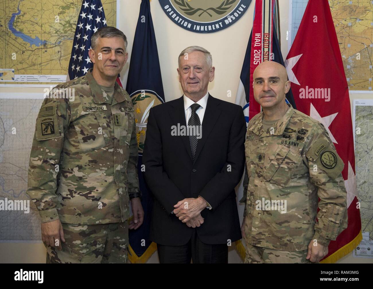 Secretary of Defense Jim Mattis meets with U.S. Army Lt. Gen. Stephen