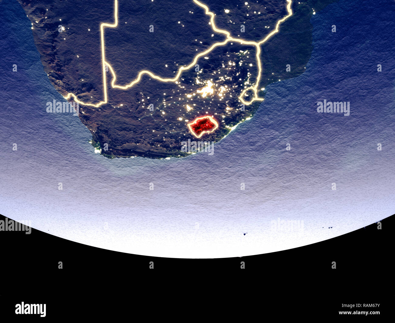 Satellite view of Lesotho from space at night. Beautifully detailed plastic planet surface with visible city lights. 3D illustration. Elements of this Stock Photo