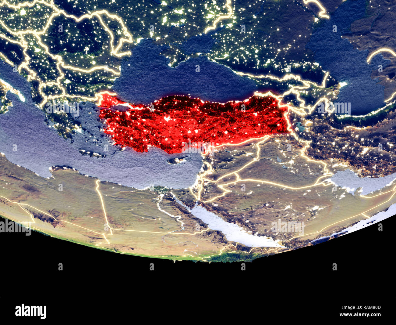 Satellite view of Turkey from space at night. Beautifully detailed plastic planet surface with visible city lights. 3D illustration. Elements of this  Stock Photo