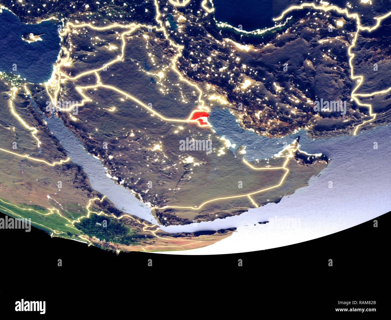 Satellite view of Kuwait from space at night. Beautifully detailed plastic planet surface with visible city lights. 3D illustration. Elements of this  Stock Photo