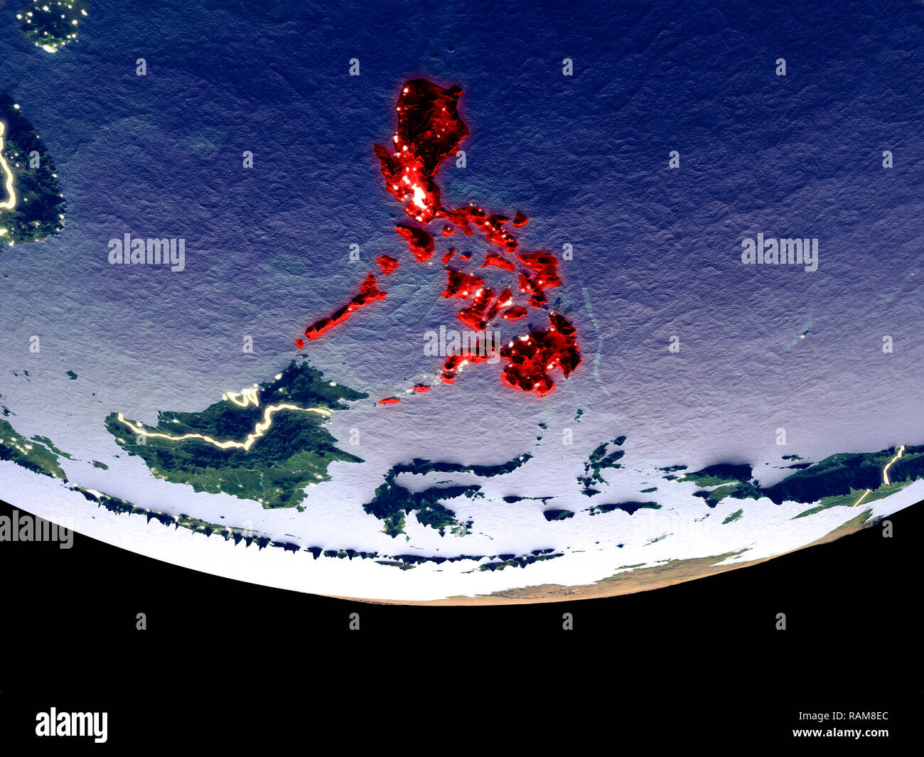 Satellite view of Philippines from space at night. Beautifully detailed plastic planet surface with visible city lights. 3D illustration. Elements of  Stock Photo