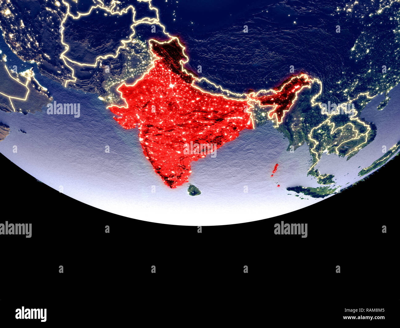 Satellite view of India from space at night. Beautifully detailed plastic planet surface with visible city lights. 3D illustration. Elements of this i Stock Photo