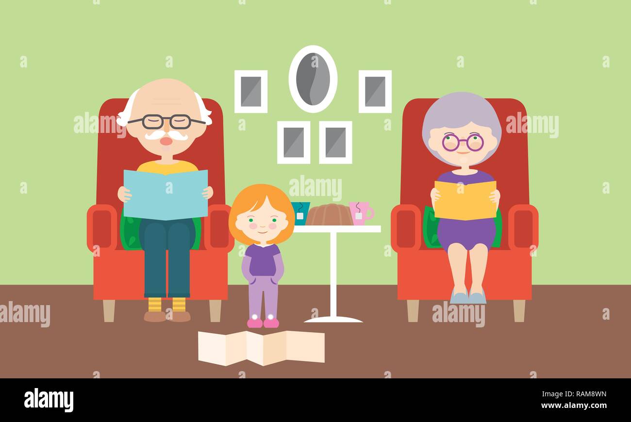 Living room, grandmother and grandfather sitting on chair and reading grandchild from book - vector, flat cartoon Stock Vector