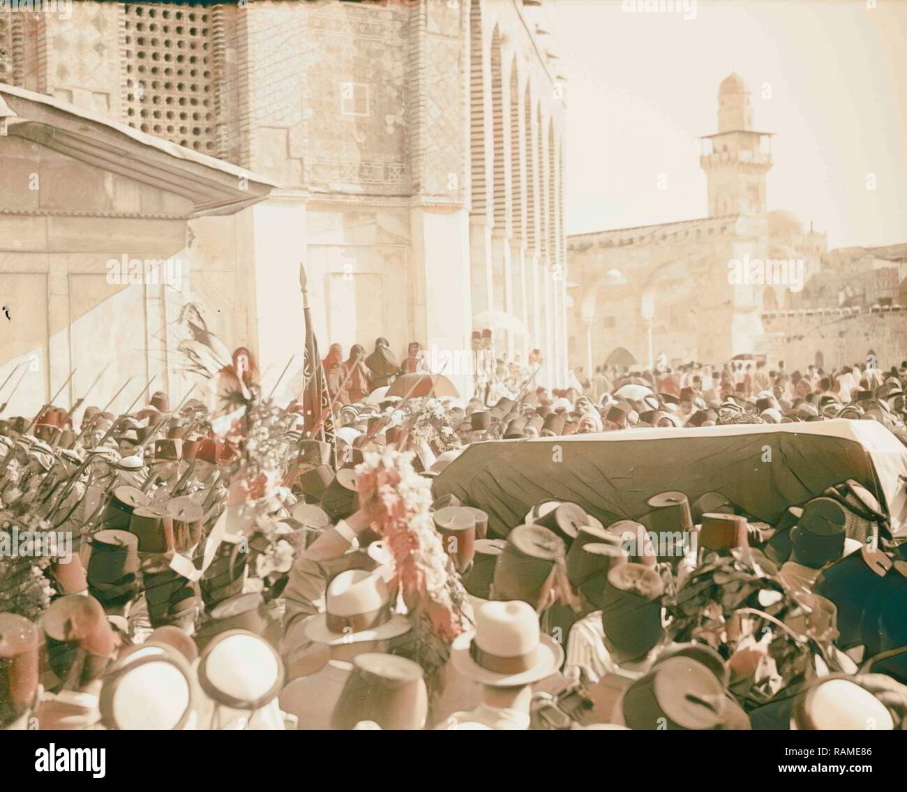 Funeral of King Hussein, Jerusalem, casket in Temple area. 1931, Israel