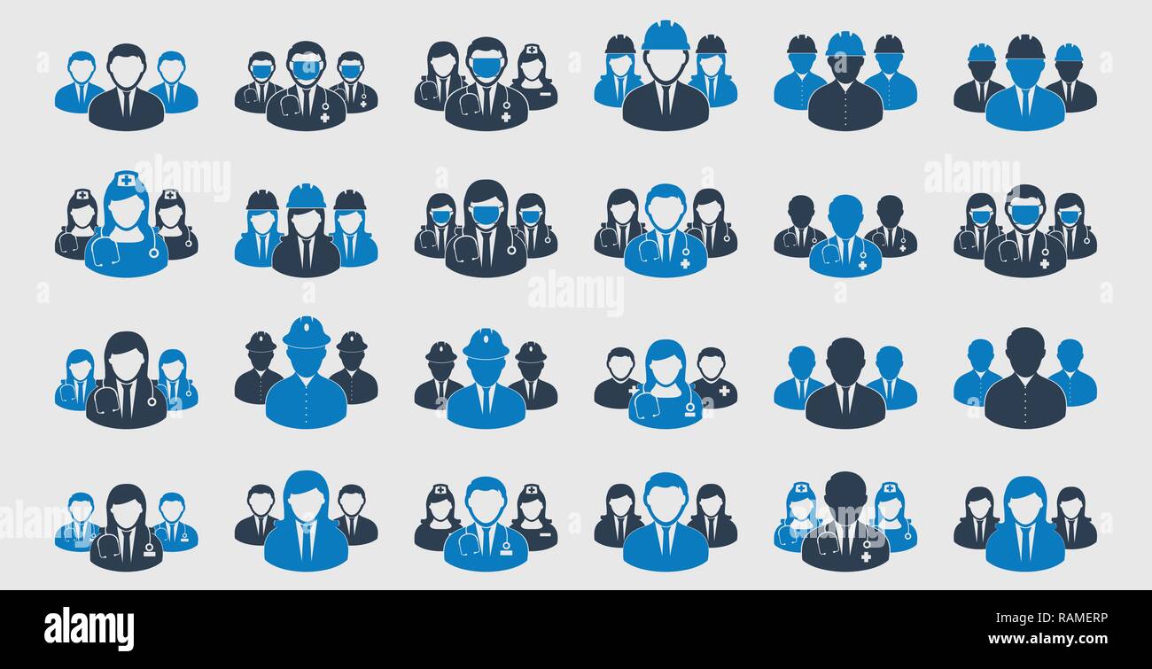 Differnet Teamwork Icon set. Doctor, Engineer, Nurse, Corporate man etc Stock Vector