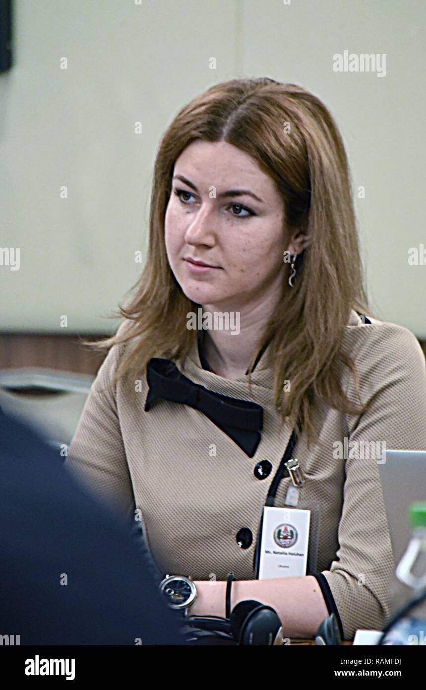 CHISINAU, Republic of Moldova (Feb. 15, 2017) – Nataliia Haluhan, chief specialist for the Foreign Economic Security Department with the National Institute for Strategic Studies in Ukraine, listens as Dr. Pal Dunay, professor of NATO and European Security at the George C. Marshall European Center for Security Studies, gives his thoughts on “Security Challenges in the Black Sea and Eurasia Region” Feb. 15 at the “Economic Security in the Black Sea and Eurasia Region” seminar in Chisinau, Republic of Moldova.  Haluhan is a Marshall Center alumna, having completed the Program on Applied Security  Stock Photo