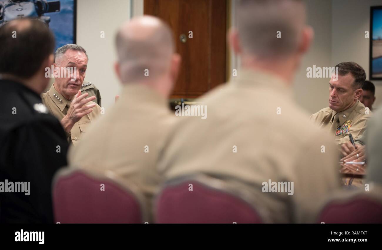 U.S. Marine Corps Gen. Joseph F. Dunford, chairman of the Joint Chiefs of Staff (CJCS), speaks to Marine Corps War College students at the Pentagon, Feb. 22, 2017. Gen. Dunford spoke about the challenges facing the department and offered lessons learned in his role as the CJCS. Stock Photo