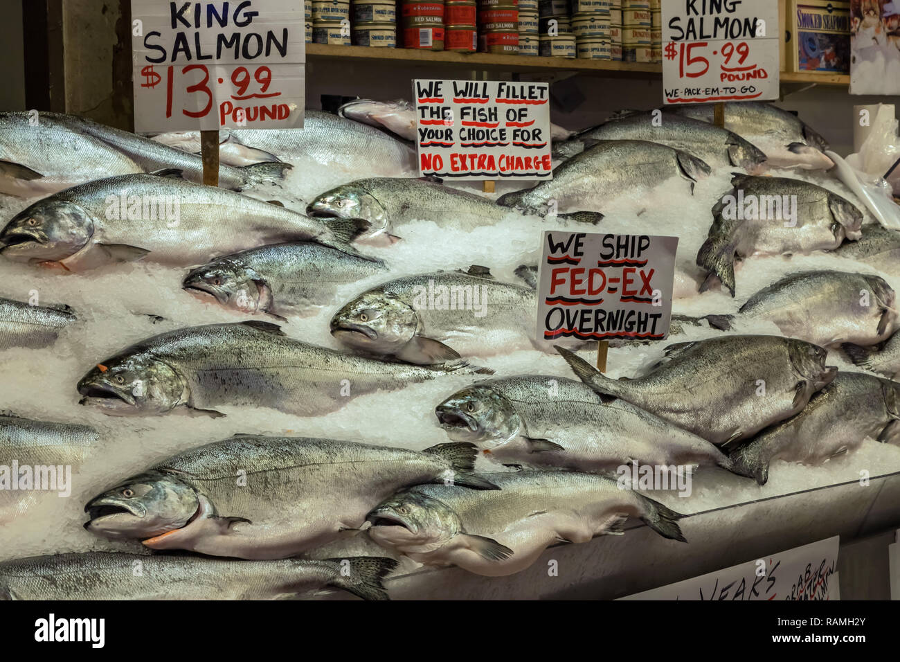 King salmons on display for sale at Pike Place Market in Seattle, Washington, United States. Stock Photo