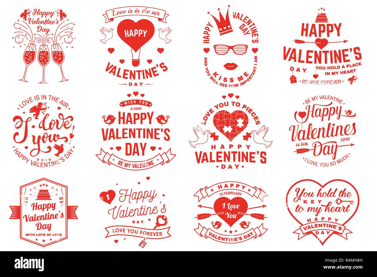 Set of Happy Valentines Day sign. Stamp, sticker, card with key, bird, amur, arrow, heart. Vector. Vintage typography design for invitations, Valentines Day romantic celebration emblem in retro style. Stock Vector