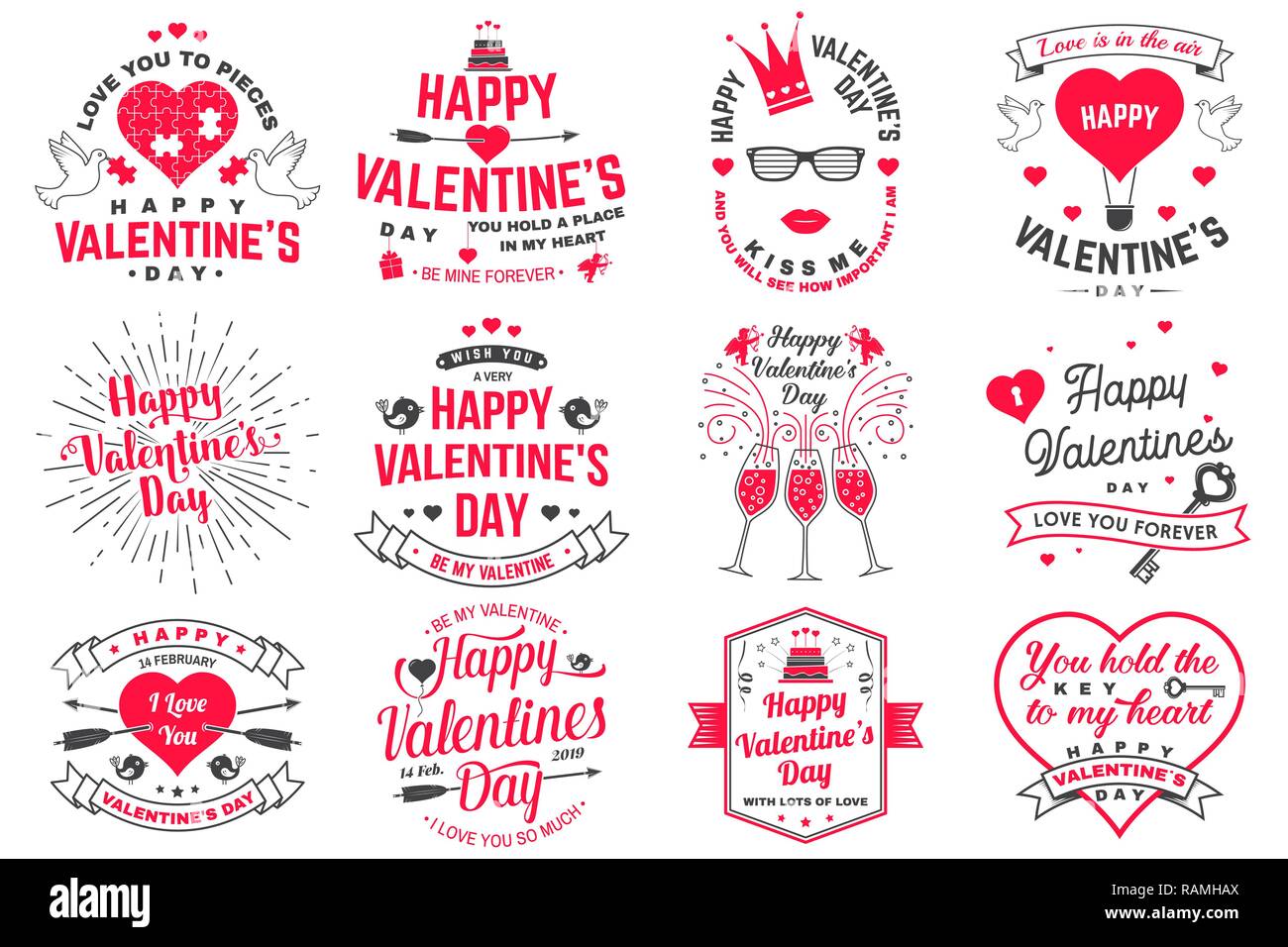 Set of Happy Valentines Day sign. Stamp, sticker, card with key, bird, amur, arrow, heart. Vector. Vintage typography design for invitations, Valentines Day romantic celebration emblem in retro style. Stock Vector