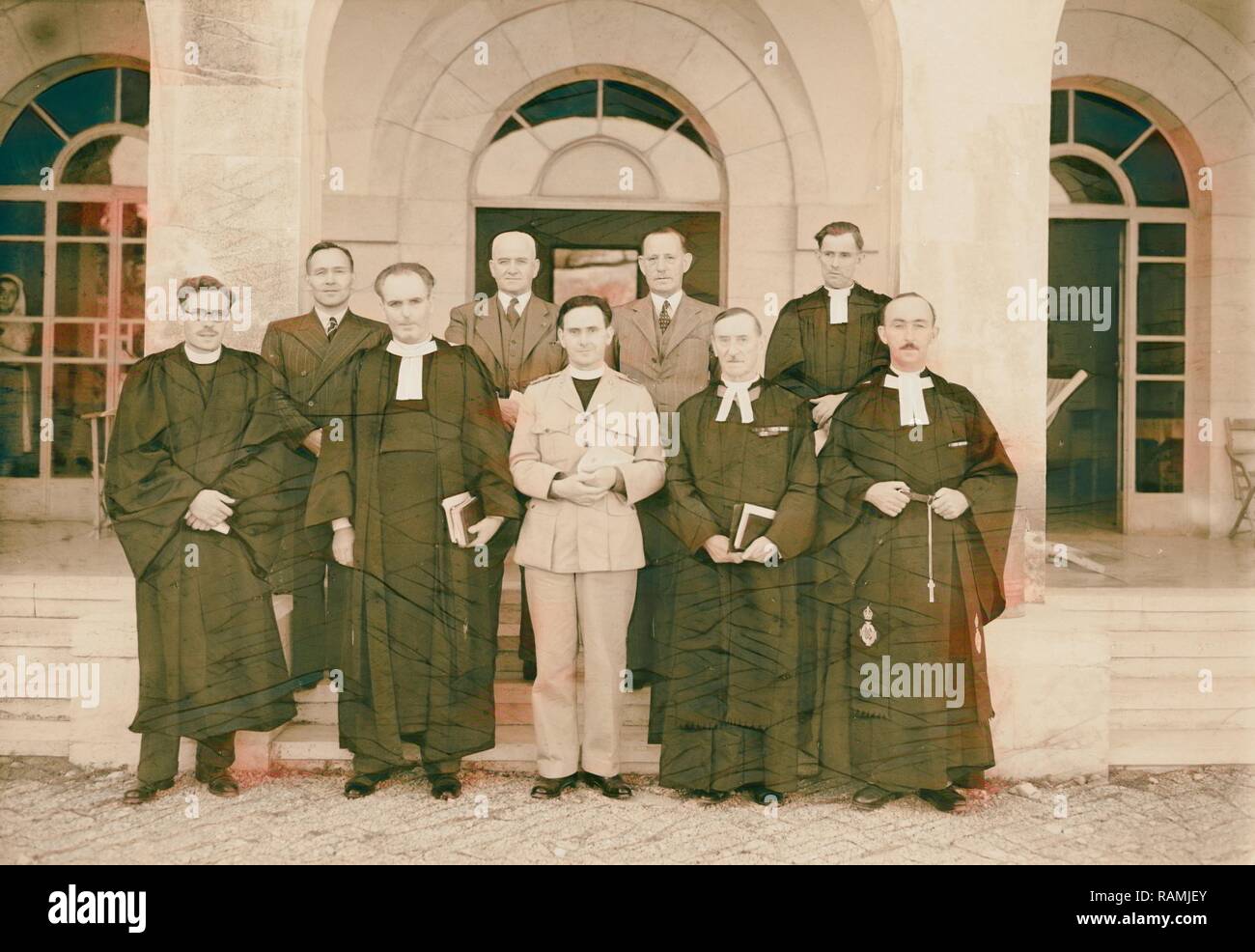 St. Andrew's clergymen, group at Rev. Clark-Kerr's induction on June 5, 1946, Jerusalem, Israel. Reimagined Stock Photo