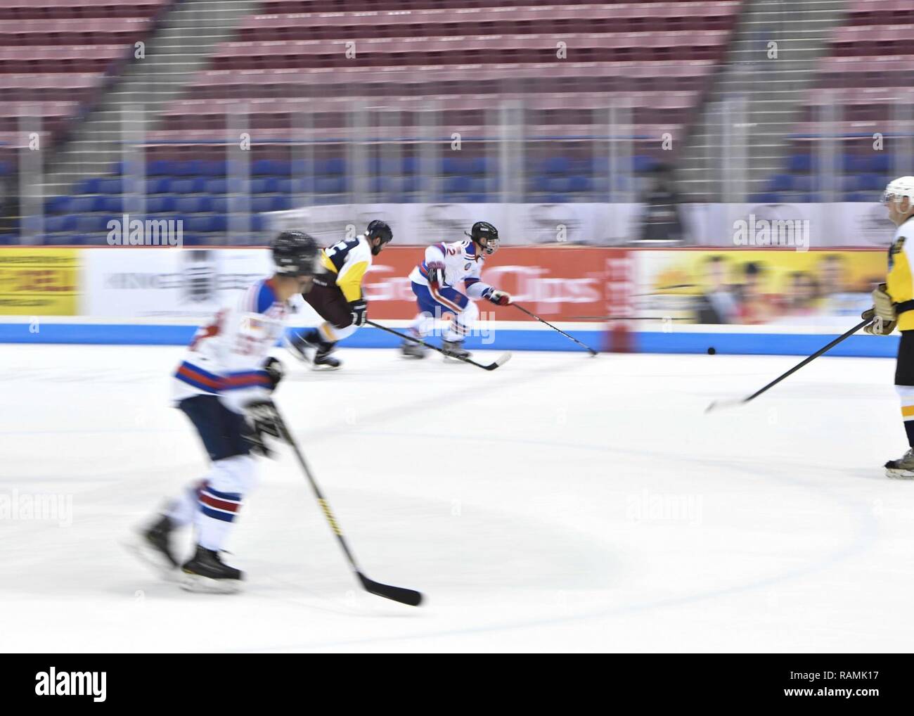 Members of the Charleston Patriots and the Charleston Enforcers play hockey during the 3rd Annual Matuskovic Charity Hockey Game at the North Charleston Coliseum & Performing Arts Center, Feb. 18, 2017. The game is played in memory of Joe Matuskovic, Charleston County Sherriff’s deputy, and other service members and first responders killed in the line of duty. Members of the Charleston Patriots are from Joint Base Charleston while members of the Charleston Enforcers are from the Charleston County Sheriff’s office and fire department.The Charleston Enforcers won the game with a final score of 1 Stock Photo