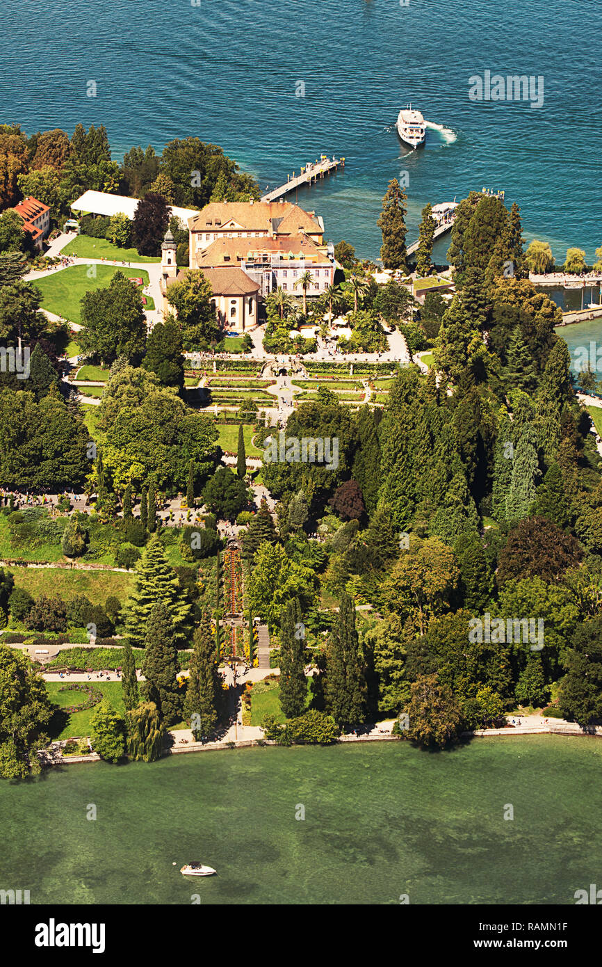 Aerial view of Mainau Island with its famous gardens, the castle and the church. Photograph taken out of a small airplane. Stock Photo