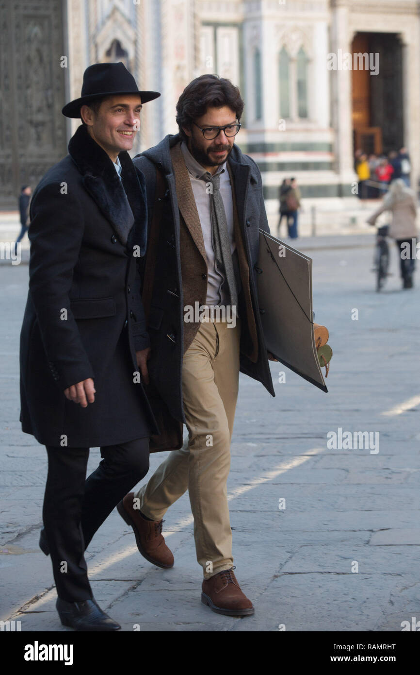 Florence, Italy. 04th Jan, 2019. Florence, shooting between Piazza Duomo  and Piazzale Michelangelo for the TV series Netflix "The paper house 3" In  the picture: Pedro Alonso, the actor who plays Berlin