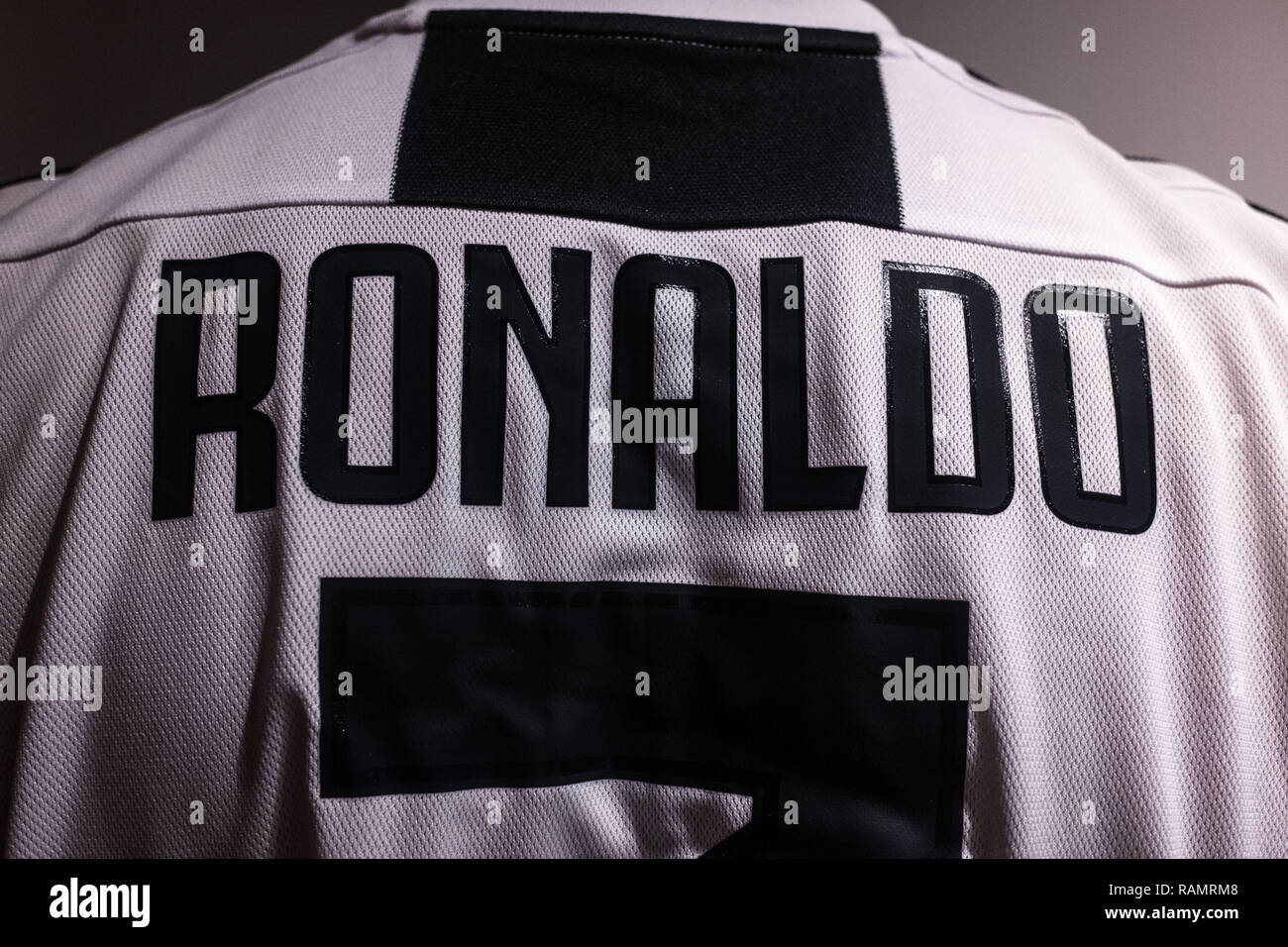 Italy. 3rd January, 2019. The new Juventus logo is shown on the 2018/2019  season t-shirt of the new purchase Cristiano Ronaldo. Thanks to his  purchase, sales of Juventus t-shirts have doubled, on