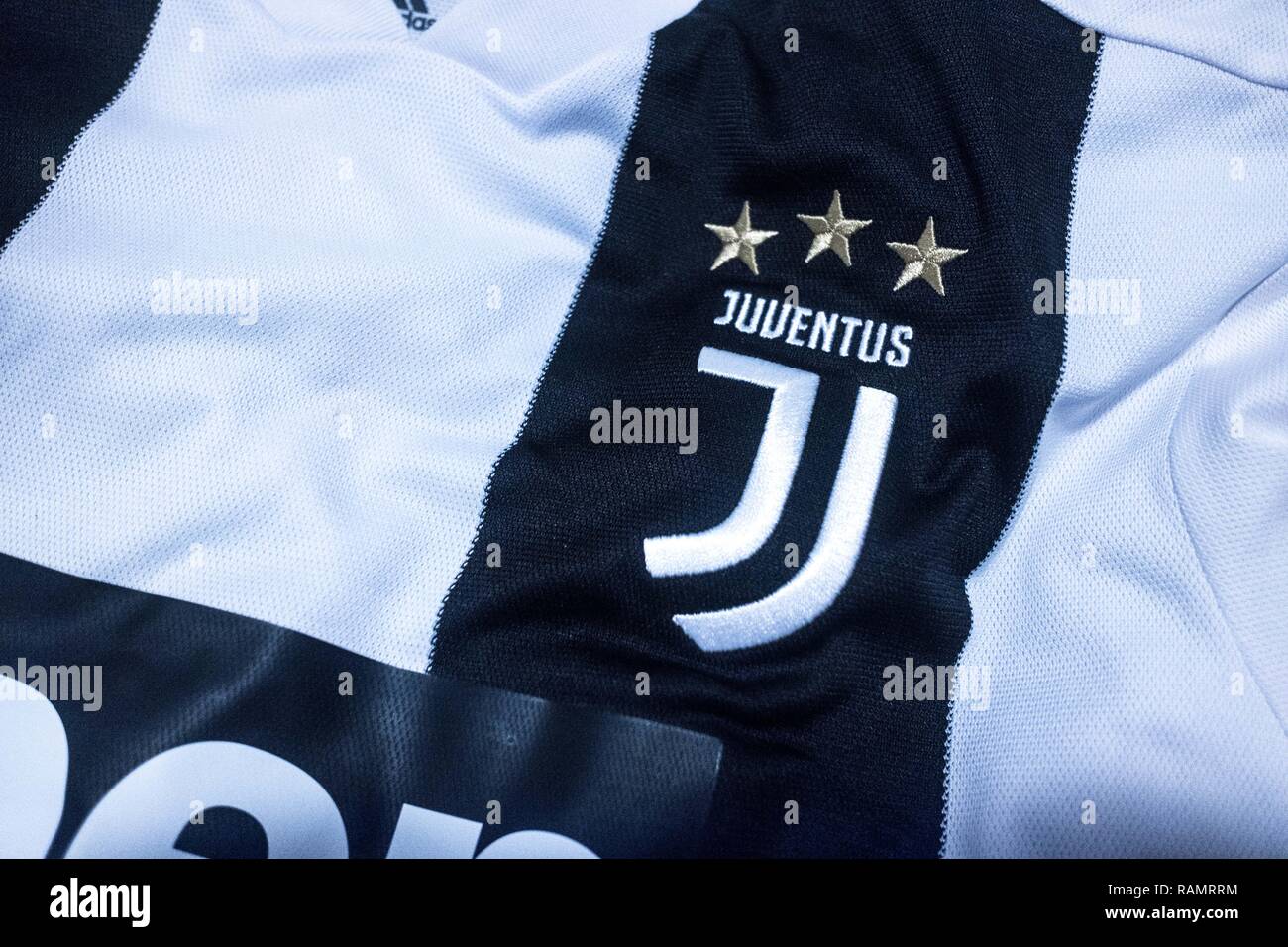 Italy. 3rd January, 2019. The new Juventus logo is shown on the 2018/2019  season t-shirt of the new purchase Cristiano Ronaldo. Thanks to his  purchase, sales of Juventus t-shirts have doubled, on