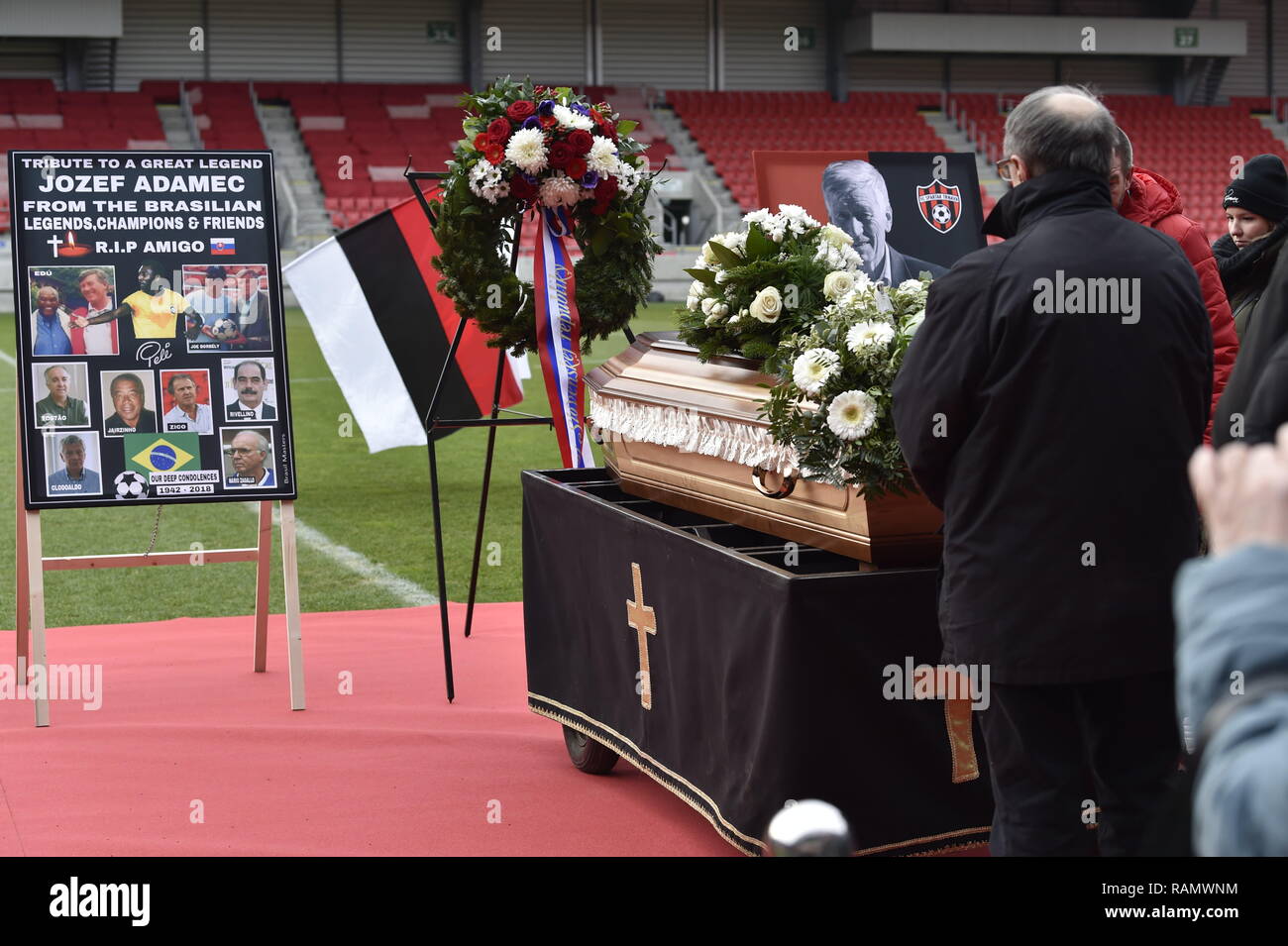 Last farewell ceremony with legendary Slovak football forward Jozef Adamec was held on January 4, 2019, in Trnava, Slovakia. Adamec, a silver medallist from the World Cup in Chile in 1962, died at the age of 76 years on December 24, 2018. After he ended his career of a professional player, Adamec was a successful football coach. In the Czechoslovak League, he played 383 matches and with 170 goals, he is the 10th in the Czechoslovak all-time top-scorers standings. He played 44 times in the Czechoslovak national football team, scoring 14 goals. He participated in the 1962 FIFA World Cup and the  Stock Photo