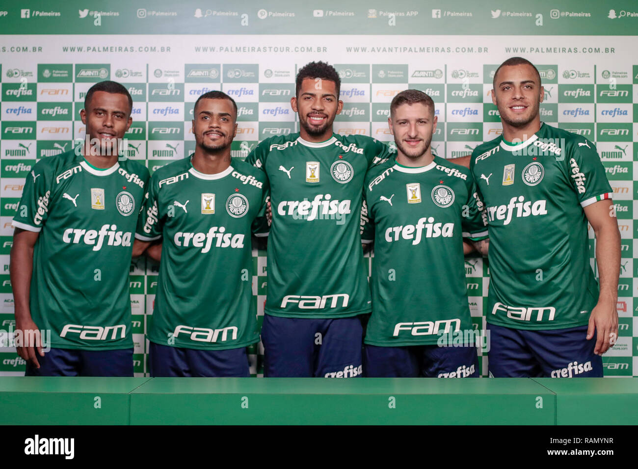 SP - Sao Paulo - 04/01/2019 - Presentation of new players from Palmeiras, right to left Arthur, Ze Rafael, Mateus Fernandes Felipe Pires and Carlos Eduardo. Photo: Marcello Zambrana / AGIF Stock Photo