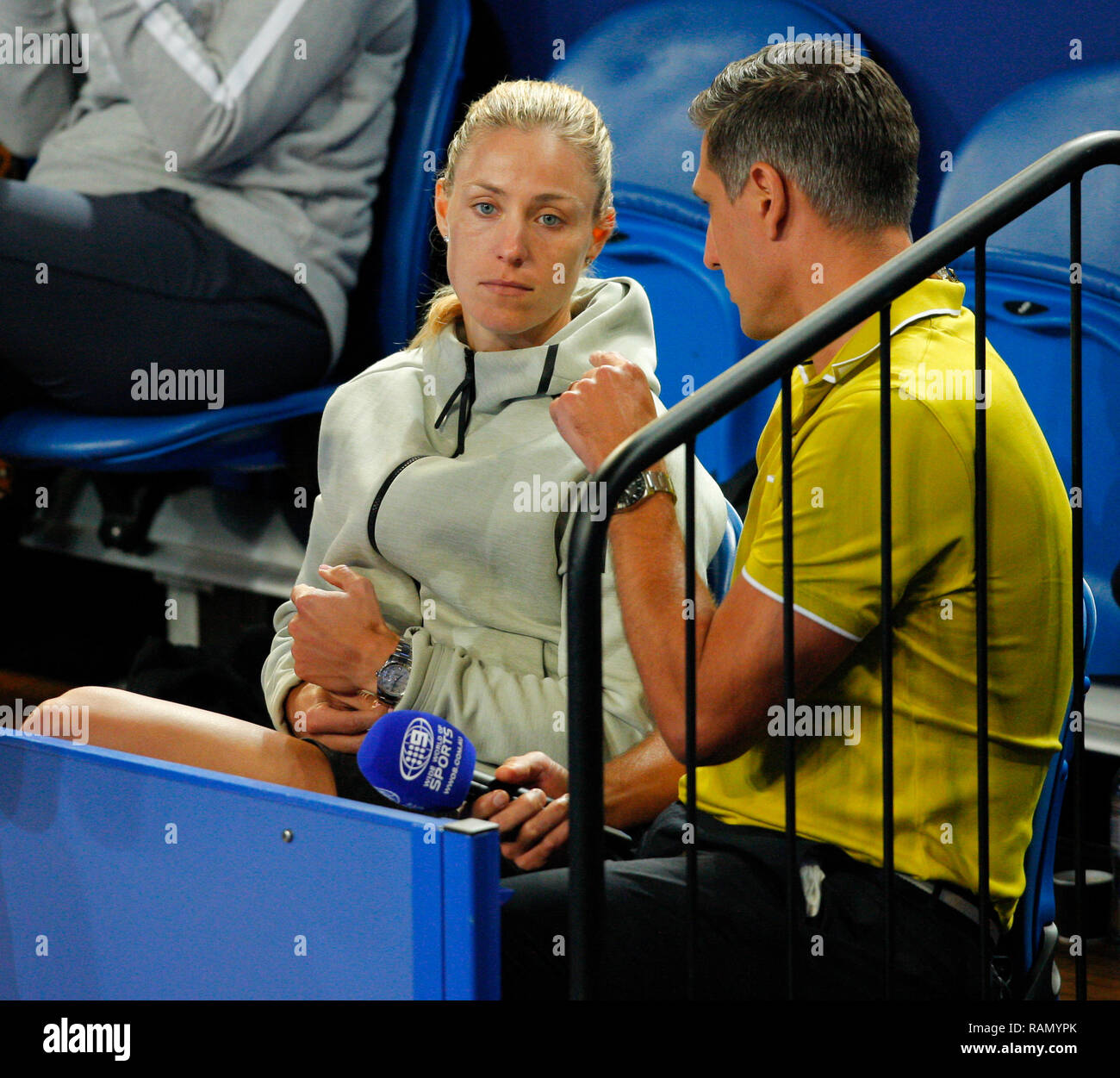 RAC Arena, Perth, Australia. 4th Jan, 2019. Hopman Cup Tennis, sponsored by Mastercard; Angelique Kerber of Team Germany talks with chanel 9 reporter Matthew Pavlich Credit: Action Plus Sports/Alamy Live News Stock Photo