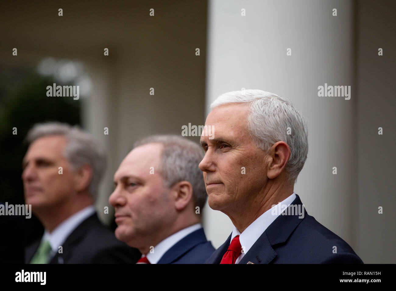January 4, 2019 - Vice President Mike Pence looks on as President Donald Trump speaks to and takes questions from the media in the Rose Garden of the White House after meeting with Democratic leadership to discuss the ongoing partial government shutdown, January 4, 2019. (Credit Image: © Michael Candelori/ZUMA Wire) Stock Photo