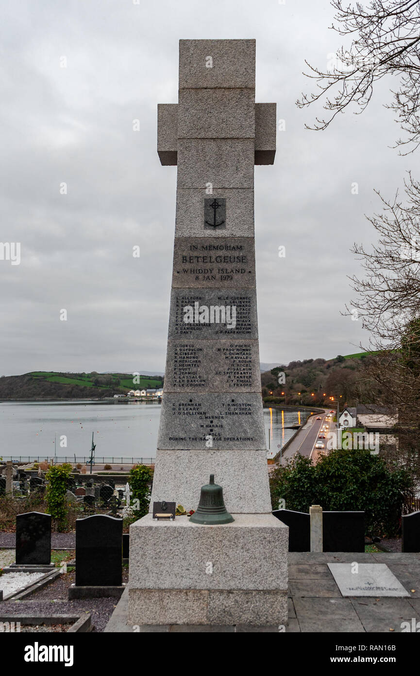 Bantry, West Cork, Ireland. 4th January, 2019. The memorial to the dead of the Betelgeuse Oil Tanker tragedy in Abbey Cemetery overlooks Bantry Bay ahead of the 40th Anniversary of the disaster which takes place next Tuesday. The disaster claimed 50 lives. Credit: AG News/Alamy Live News. Stock Photo