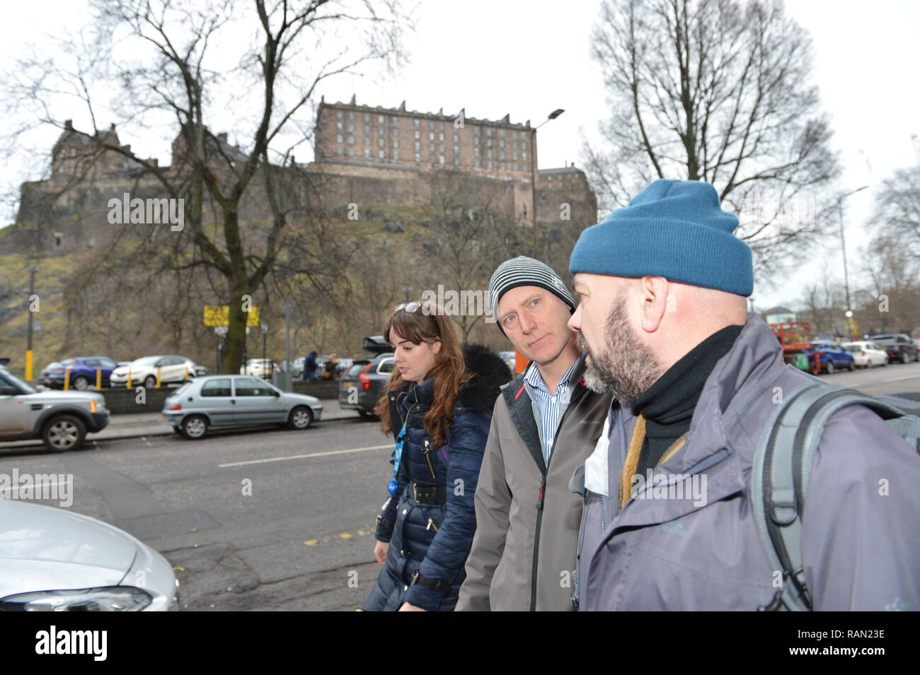 Edinburgh, Scotland, UK. 4th January, 2019. Public Health Minister Joe FitzPatrick joins the Edinburgh Access Practice Street Outreach Pharmacist on a walkabout around Edinburgh. The service provides essential primary health care for homeless patients (Left - Right: Lauren Gibson - Outreach Pharmacist; Joe FitzPatrick - Public Health Minister; David Miller - Streetwork Councillor). Edinburgh, UK - 4th January 2019. Credit: Colin Fisher/Alamy Live News Stock Photo