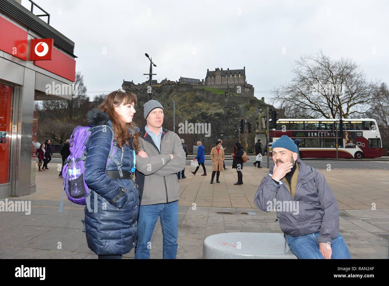 Edinburgh, Scotland, UK. 4th January, 2019. Public Health Minister Joe FitzPatrick joins the Edinburgh Access Practice Street Outreach Pharmacist on a walkabout around Edinburgh. The service provides essential primary health care for homeless patients (Left - Right: Lauren Gibson - Outreach Pharmacist; Joe FitzPatrick - Public Health Minister; David Miller - Streetwork Councillor). Edinburgh, UK - 4th January 2019. Credit: Colin Fisher/Alamy Live News Stock Photo