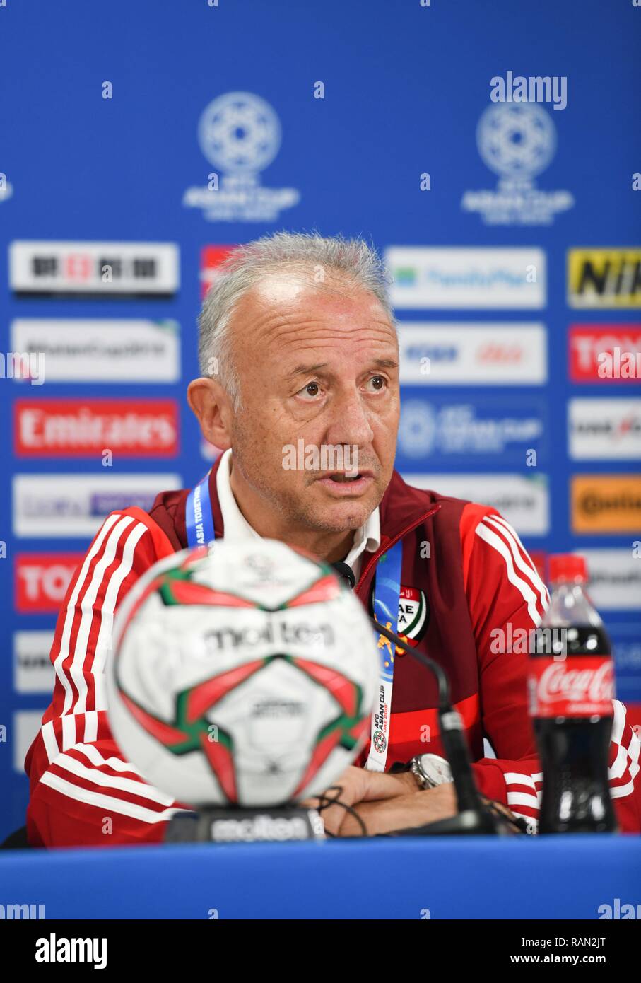 Abu Dhabi, U.A.E. 4th Jan, 2019. Alberto Zaccheroni, head coach of UAE's national soccer team, speaks during a press conference prior to the AFC Asian Cup UAE 2019 against Bahrain in Abu Dhabi, U.A.E, Jan 4, 2019. Credit: Wu Huiwo/Xinhua/Alamy Live News Stock Photo