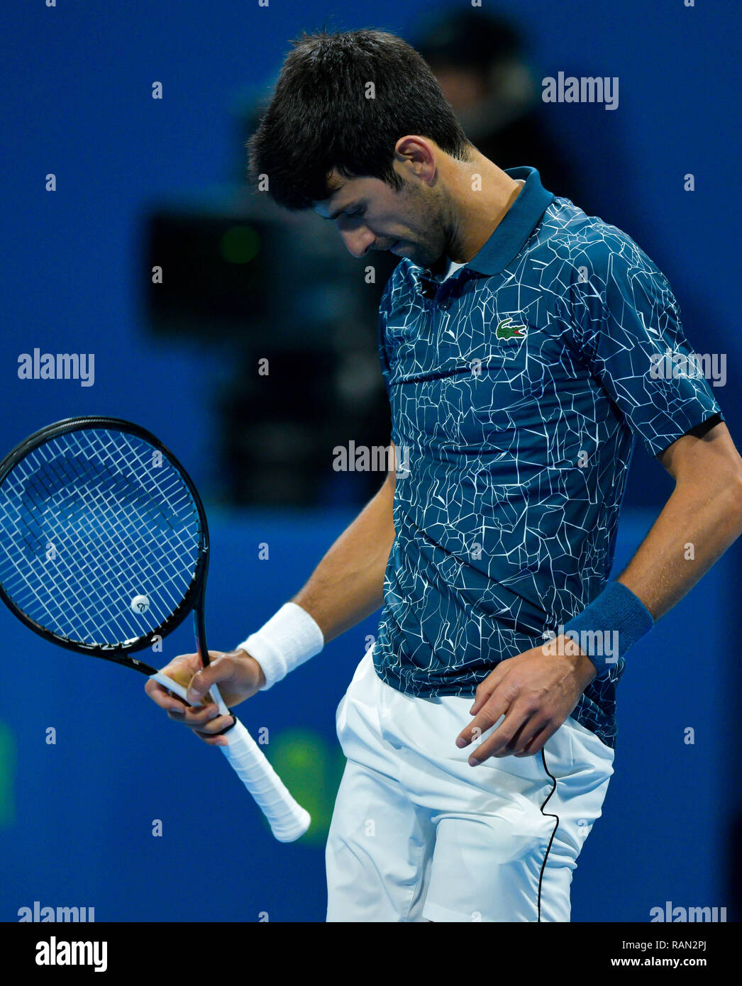 Doha, Qatar. 4th Jan, 2019. (SP)QATAR-DOHA-TENNIS-QATAR Novak Djokovic of  Serbia reacts during the singles semifinal match against Roberto Bautista  Agut of Spain at the ATP Qatar Open tennis tournament in Doha, capital