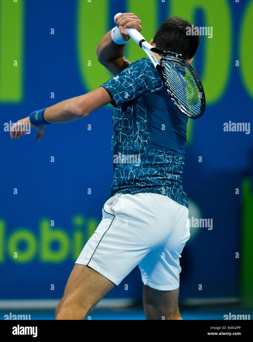 Doha, Qatar. 4th Jan, 2019. (SP)QATAR-DOHA-TENNIS-QATAR Novak Djokovic of  Serbia reacts during the singles semifinal match against Roberto Bautista  Agut of Spain at the ATP Qatar Open tennis tournament in Doha, capital