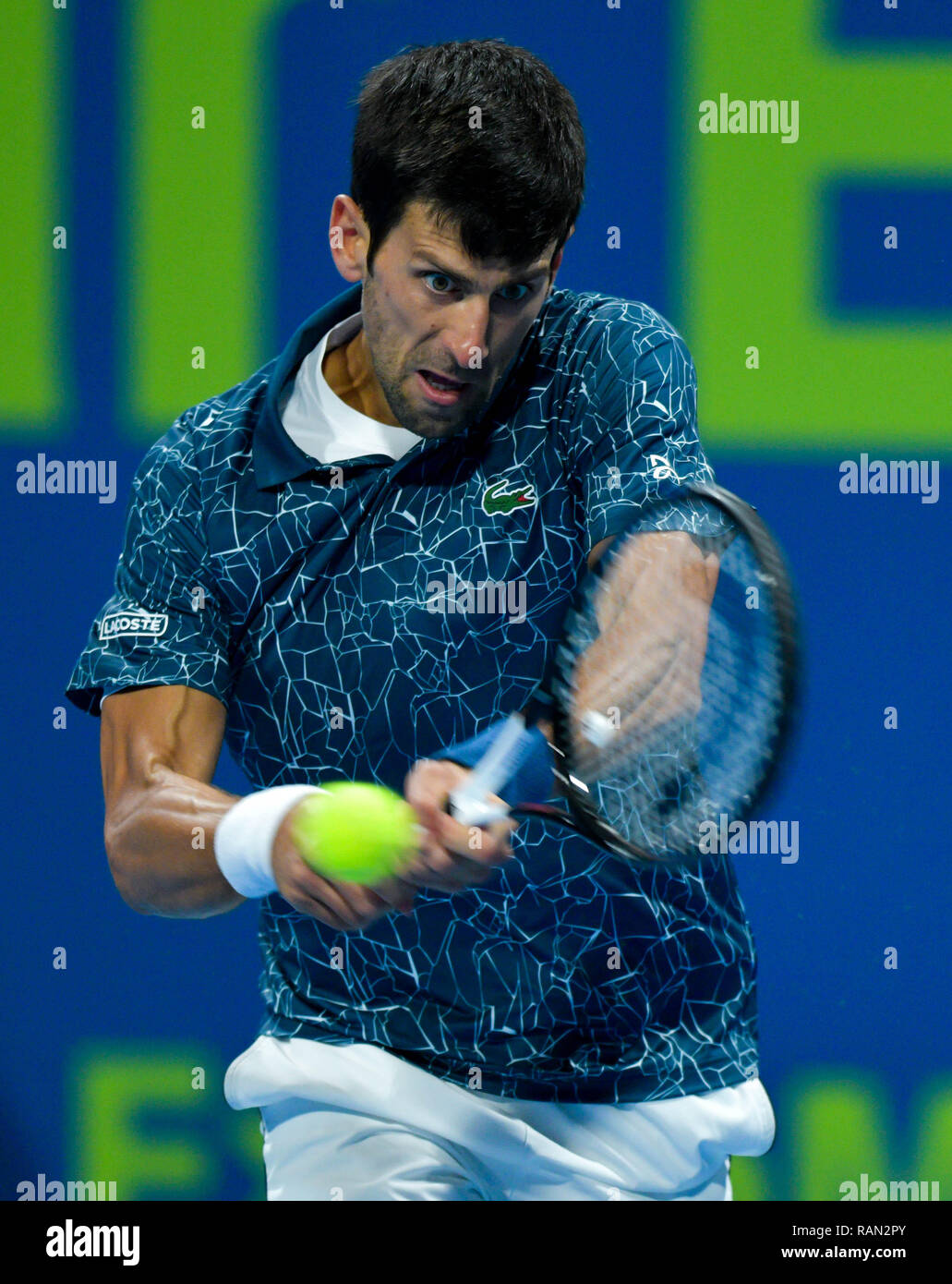 Doha, Qatar. 4th Jan, 2019. (SP)QATAR-DOHA-TENNIS-QATAR Novak Djokovic of  Serbia returns the ball during the singles semifinal match against Roberto  Bautista Agut of Spain at the ATP Qatar Open tennis tournament in