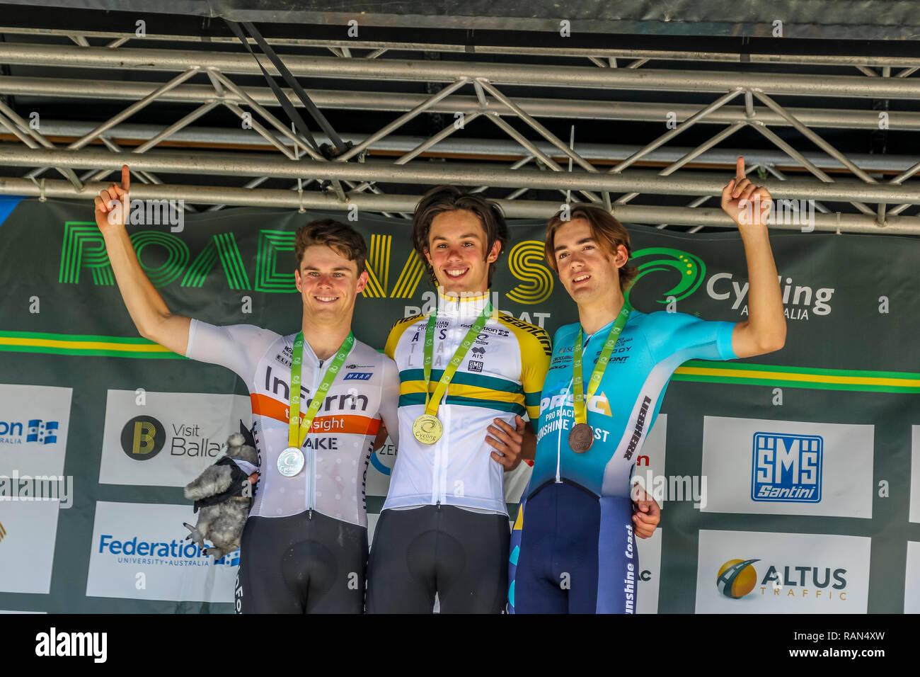 Ballarat, Victoria, Australia. 5th January, 2019. Poduim for 2019 Australian Road National Championships Under 19 Men Road Race - Podium -Winner -#10 Patrick Eddy - 2nd Place #11 Samual Eddy - #3rd Place #77 Alastair Mackellar.The race was over 104kms with nine  11.6 km laps of the course.Eddy won the race with a time of 2hr48.28 with a gap of 1.34 back to second place Brother Samual Eddy and further 1.34 to third Place getter Alastair Mackellar. Credit: brett keating/Alamy Live News Stock Photo