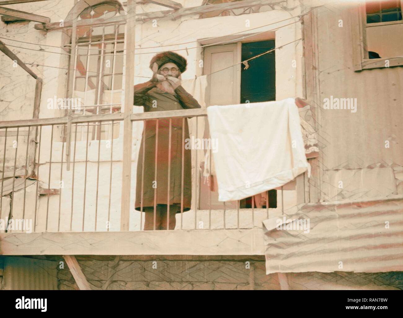 Sabbath shofar being blown, Askenazim, Ashkenazi Jew. 1934, Middle East, Israel and/or Palestine. Reimagined Stock Photo