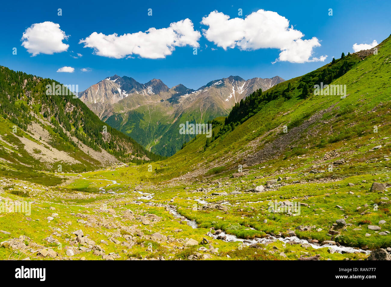 Beautiful summer mountains landscape in Stubai Tyrol Alps near New Regensburger mountain hut, Austria Stock Photo