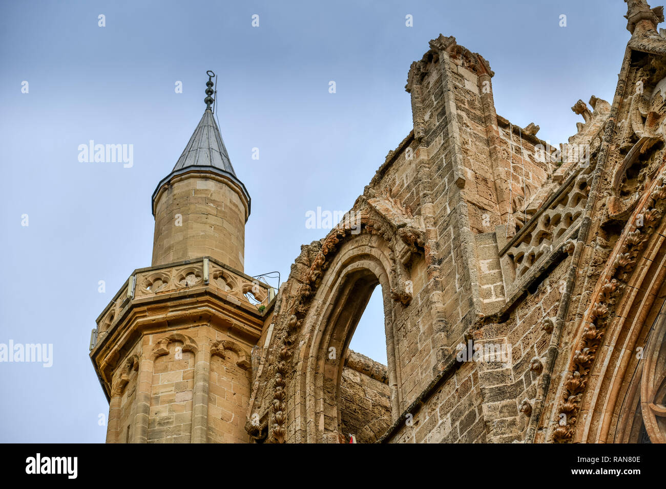 Minaret, cathedral Saint Nikolaus, Lala mosque, Famagusta, Turkish republic of north cyprus, Minarett, Kathedrale St. Nikolaus, Lala-Moschee, Famagust Stock Photo