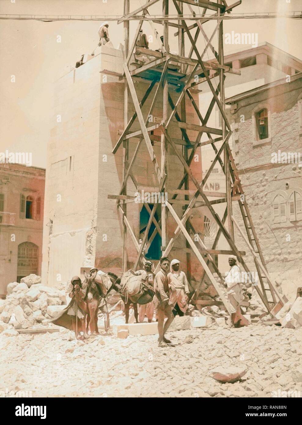 Taking down clock tower. Old P.O. square 1936, Jerusalem. Reimagined by