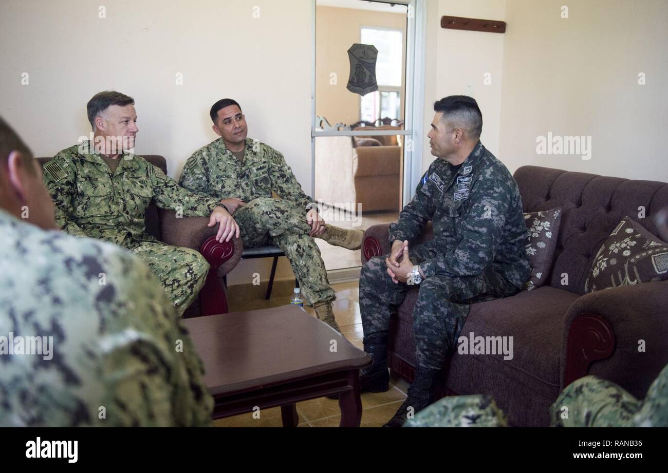 TRUJILLO, Honduras (Feb. 23, 2017) – Rear Adm. Sean S. Buck, Commander U.S. Naval Forces Southern Command/U.S. 4th Fleet NAVSO/FOURTHFLT) participates in an office call with the commander of Naval Base Puerto Castilla, Honduras, in support of Continuing Promise 2017’s (CP-17) visit to Trujillo, Honduras. CP-17 is a U.S. Southern Command-sponsored and U.S. Naval Forces Southern Command/U.S. 4th Fleet-conducted deployment to conduct civil-military operations including humanitarian assistance, training engagements, and medical, dental, and veterinary support in an effort to show U.S. support and  Stock Photo