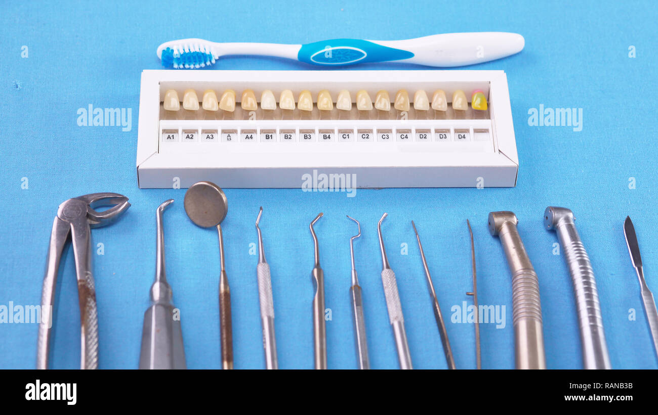 Dentist tools. Teethcare, dental health concept. Blue background top view  copy space Stock Photo - Alamy