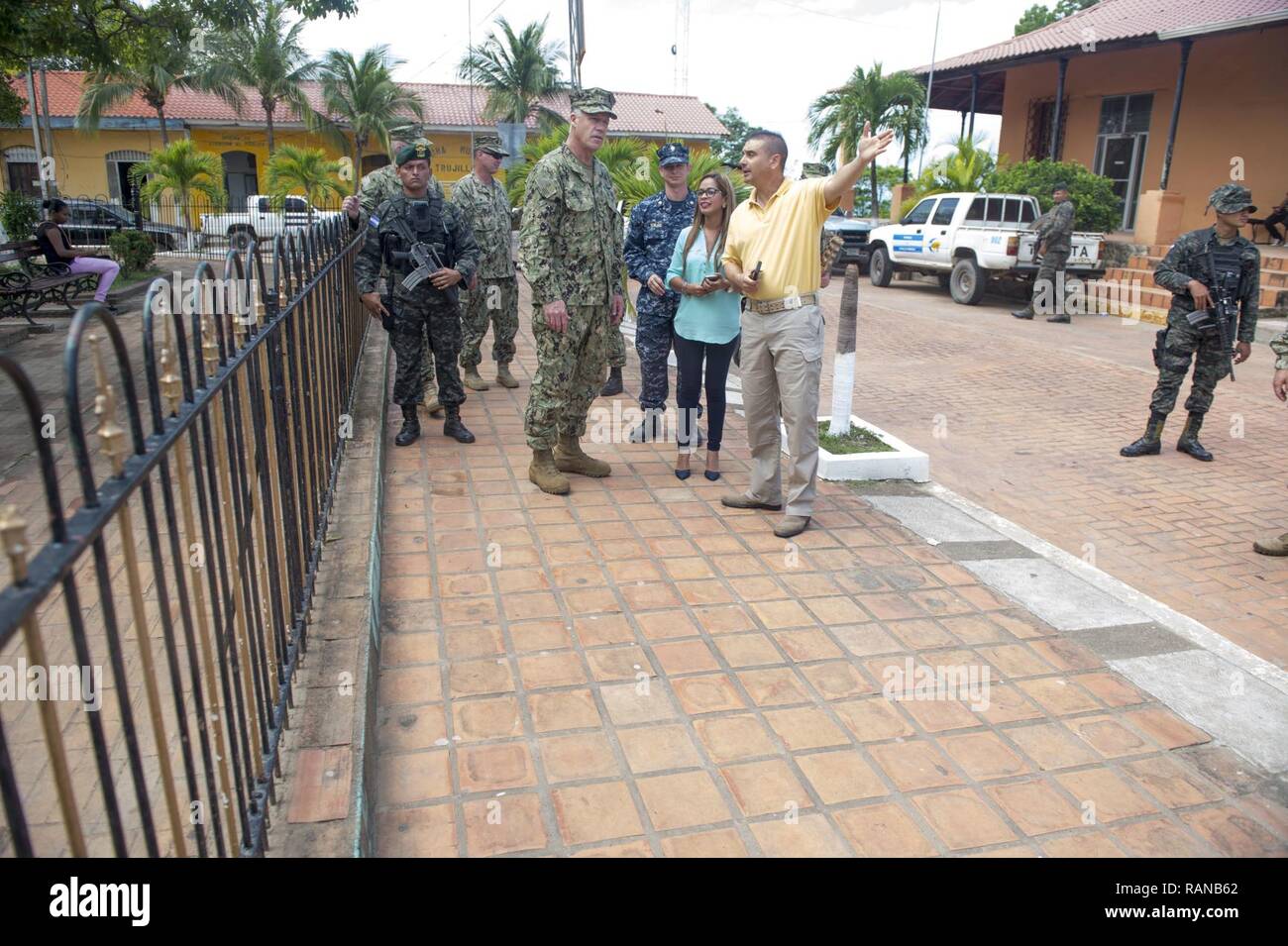 TRUJILLO, Honduras (Feb. 23, 2017) – Rear Adm. Sean S. Buck, Commander U.S. Naval Forces Southern Command/U.S. 4th Fleet, receives a tour from the acting governor of Colon, Honduras during a tour of the Continuing Promise 2017 (CP-17) mission sites in support of CP-17's visit to Trujillo, Honduras. CP-17 is a U.S. Southern Command-sponsored and U.S. Naval Forces Southern Command/U.S. 4th Fleet-conducted deployment to conduct civil-military operations including humanitarian assistance, training engagements, and medical, dental, and veterinary support in an effort to show U.S. support and commit Stock Photo