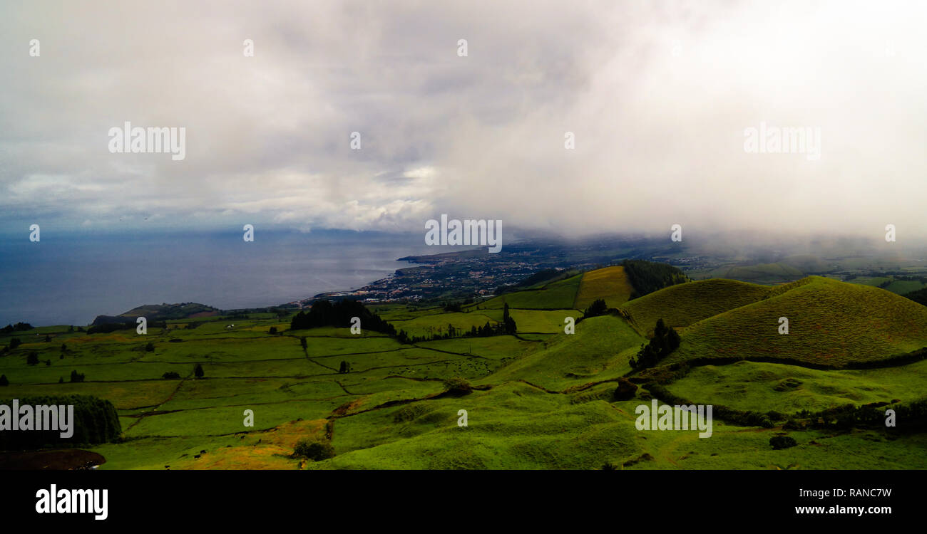 Aerial panorama view to Pico do Carvao and hill, Sao Miguel, Azores Stock Photo