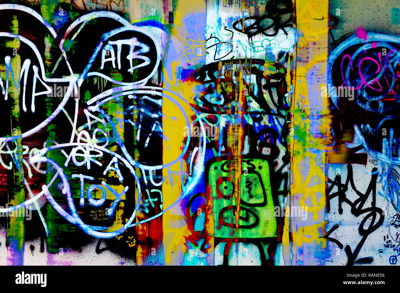 Wall of graffiti under the old Key Bridge from Virginia to Georgetown DC. Stock Photo