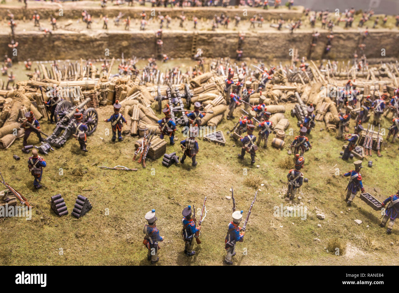 Badajoz, Spain - Dec 19th, 2018: Trinidad bastion breach assault. Storming of Badajoz, April 1812. French artillery line. Scene recreated by diorama d Stock Photo